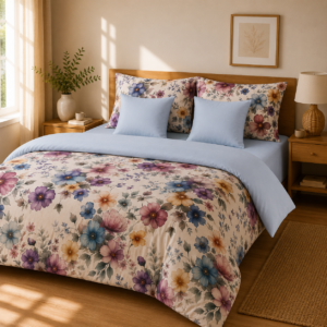 Lenjerie de pat bumbac satinat flori multicolore 2 persoane b1 - Novalis Home