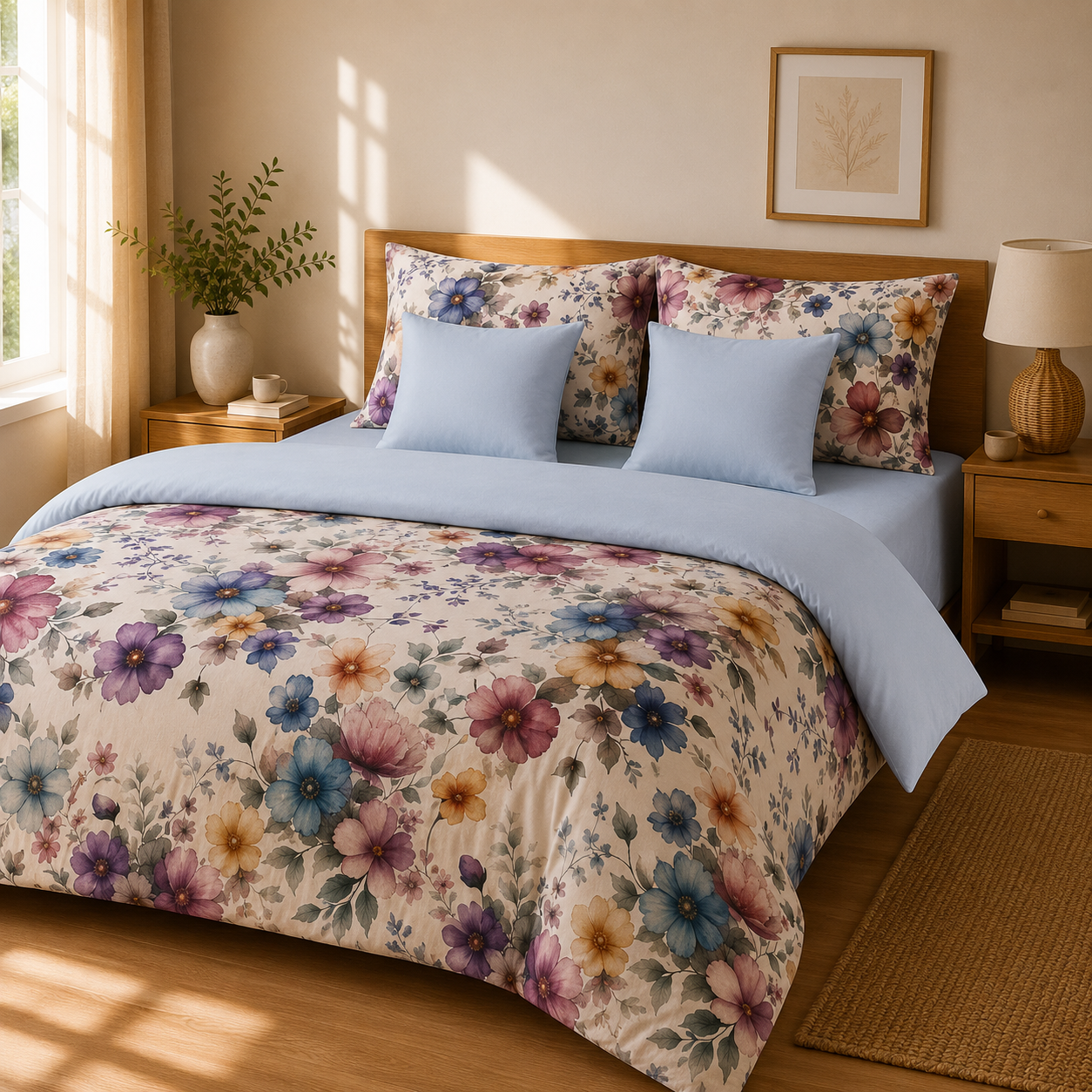 Lenjerie de pat bumbac satinat flori multicolore 2 persoane b1 - Novalis Home