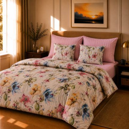 Lenjerie de pat 100% bumbac satinat si damasc, flori roz 1 - Novalis Home