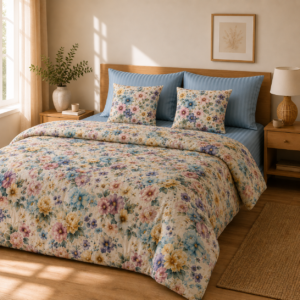 Lenjerie de pat bumbac satinat si damasc flori multicolore 2 persoane a2m - Novalis Home