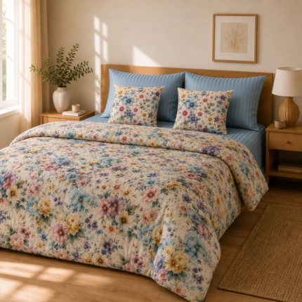 Lenjerie de pat bumbac satinat si damasc flori multicolore 2 persoane a2m - Novalis Home