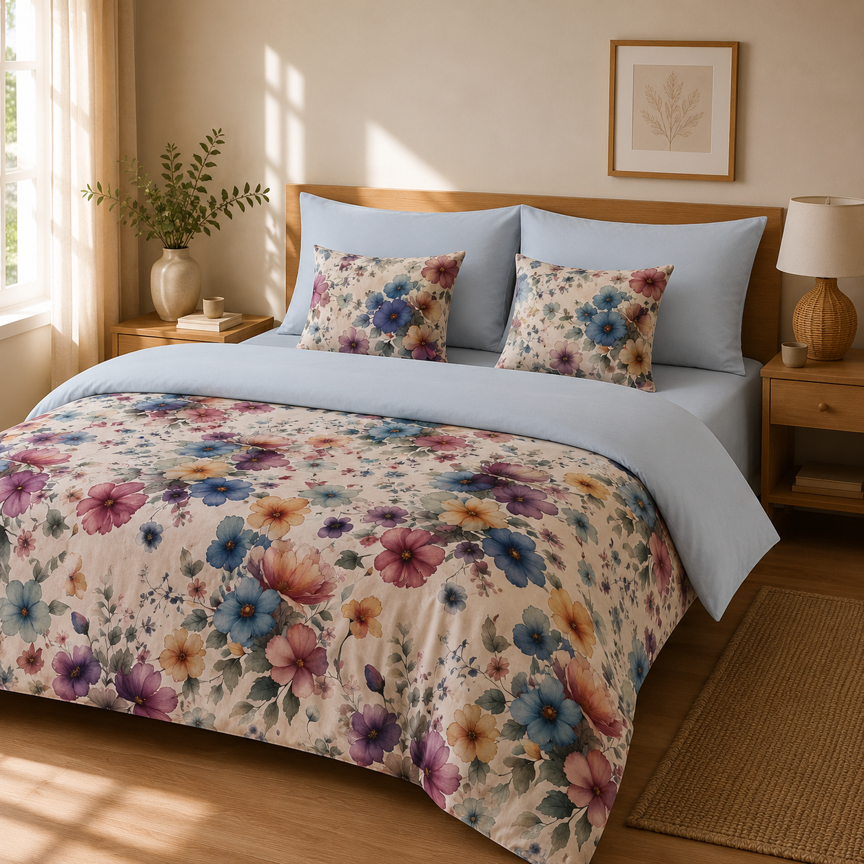 Lenjerie de pat bumbac satinat flori multicolore 2 persoane ad2 - Novalis Home