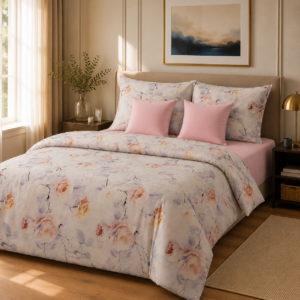Lenjerie de pat bumbac satinat trandafir gri roz 2 persoane gr2 - Novalis Home