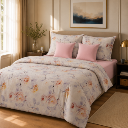 Lenjerie de pat bumbac satinat trandafir gri roz 2 persoane gr2 - Novalis Home