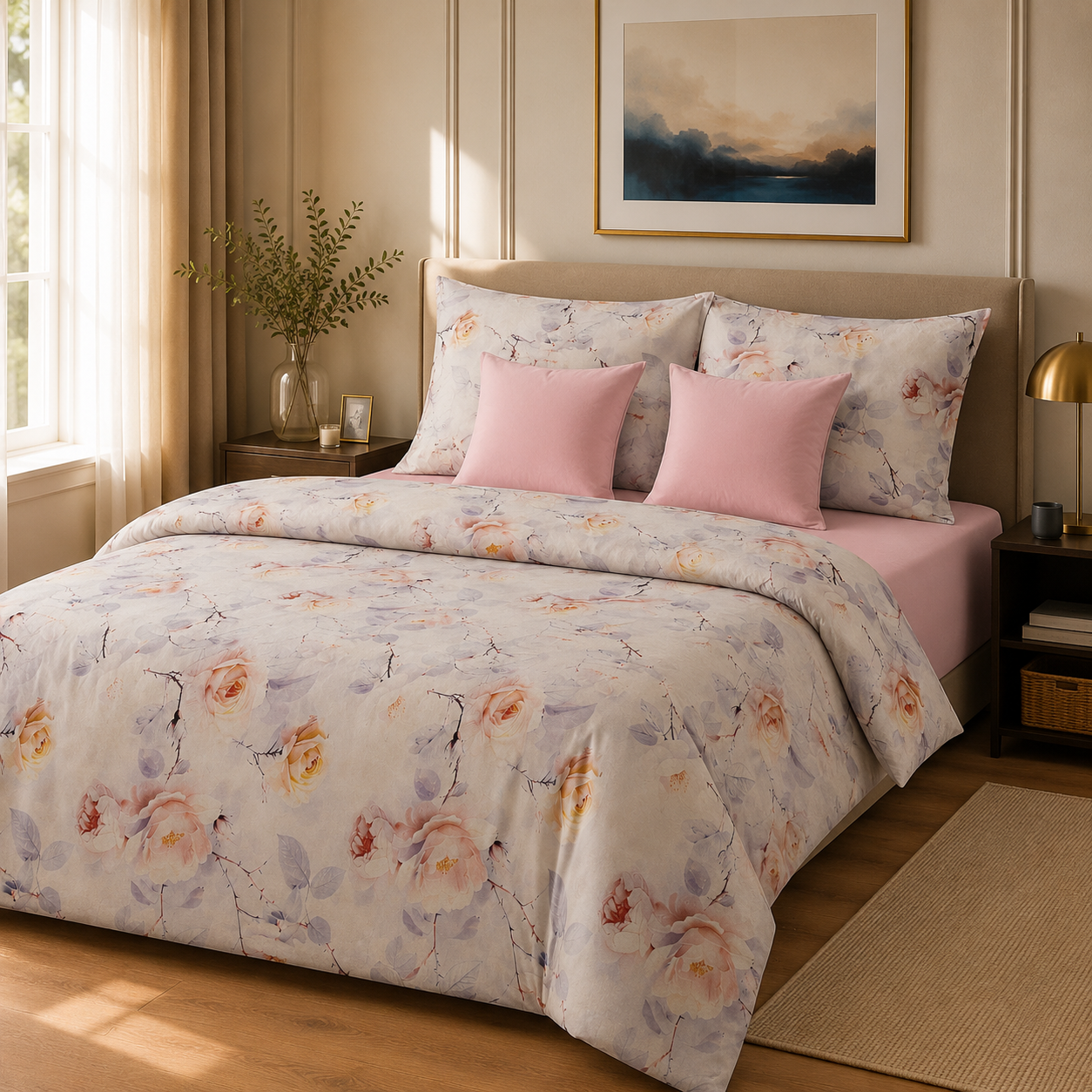 Lenjerie de pat bumbac satinat trandafir gri roz 2 persoane gr2 - Novalis Home