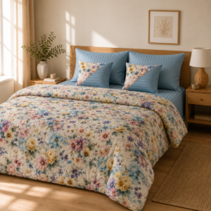 Lenjerie de pat bumbac satinat si damasc flori multicolore 2 persoane a1 - Novalis Home