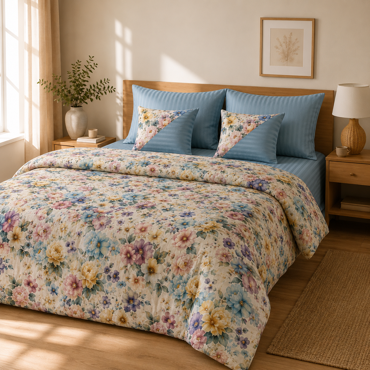 Lenjerie de pat bumbac satinat si damasc flori multicolore 2 persoane a1 - Novalis Home