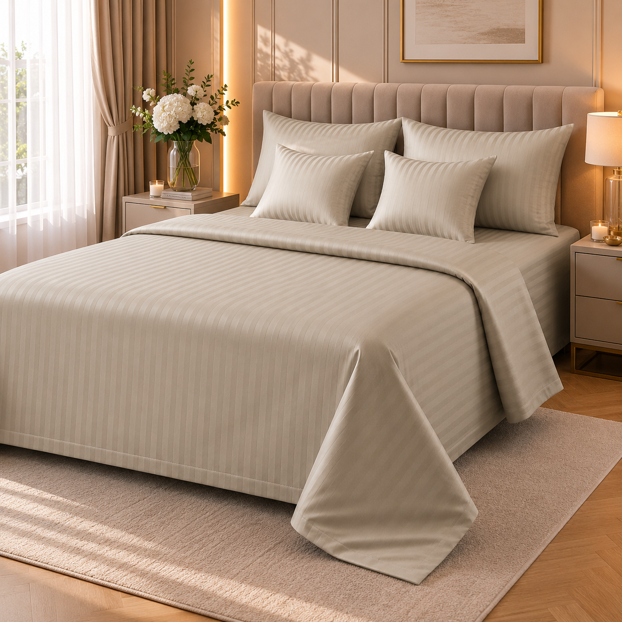Lenjerie de pat damasc satinat, 100% bumbac, 2 persoane, bej - Novalis Home
